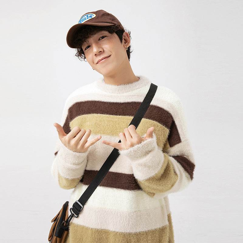 Artificial Mink Fur Contrast Color Striped Round Neck Sweater Japanese-style Retro - Velora