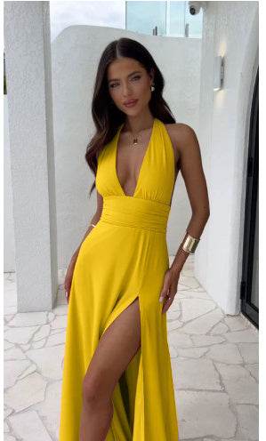 Sexy Halterneck V-neck Slit Dress Summer Backless Strappy Skirt Fashion Temperament Clothing Women - Velora