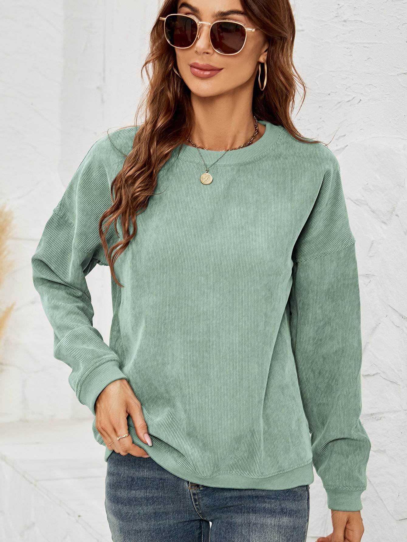 Corduroy Pullover Sweatshirt Casual Fashion Solid Round Neck Long-sleeved Tops Spring And Autumn Clothing For Women - Velora