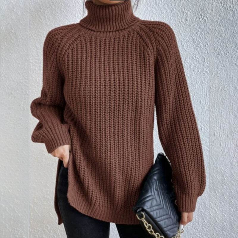 Turtleneck Pullover Sweater With Split Design Fashion Simple Solid Color Long Sleeve Tops Women's Clothing - Velora