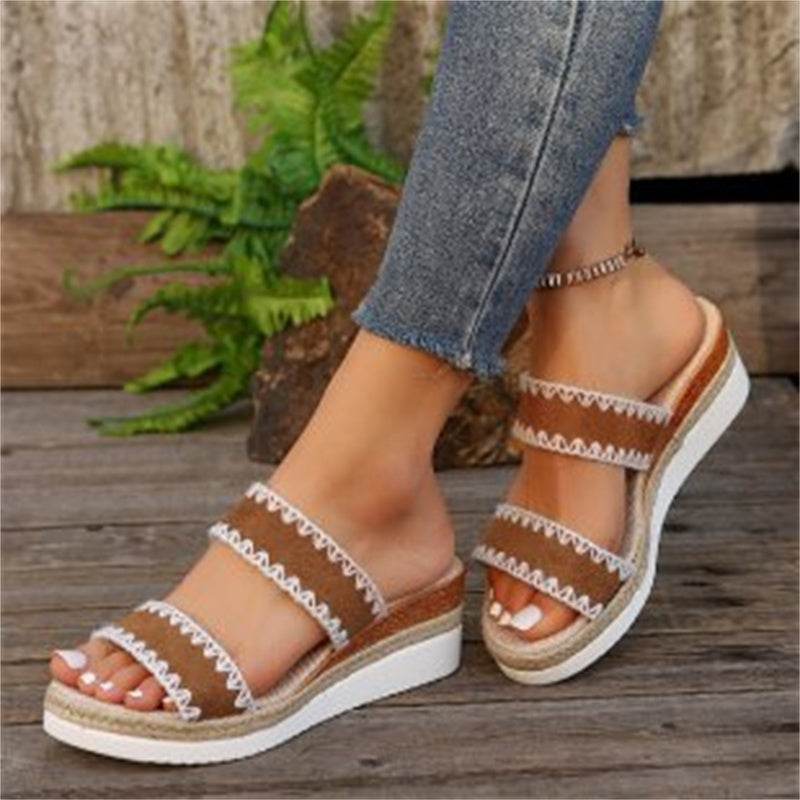 New Hemp Rope Woven Wedge Slippers Summer Ethnic Style Sandals Double Wide Strappy Shoes For Women - Velora