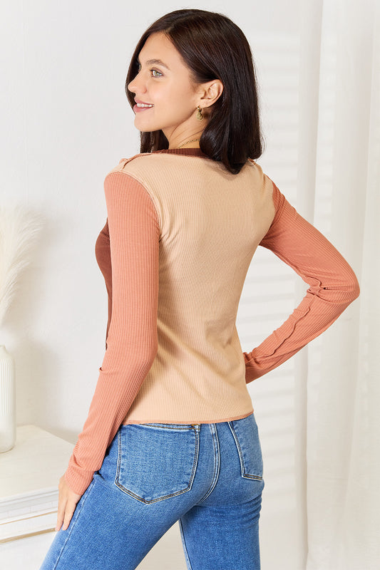 Double Take Color Block Exposed Seam Long Sleeve Top - Velora