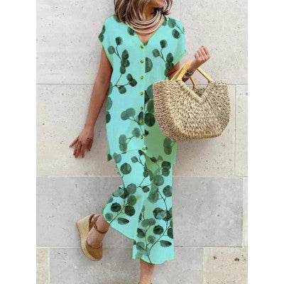 Women's Long Dress Green Rayon Blend Botanical Print - Velora