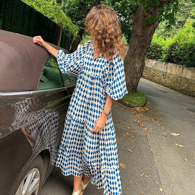 Summer Women's Vintage Printed Bohemian Dress Elegant Ladies Casual Loose V-Neck Short Sleeve Long Dresses Velora