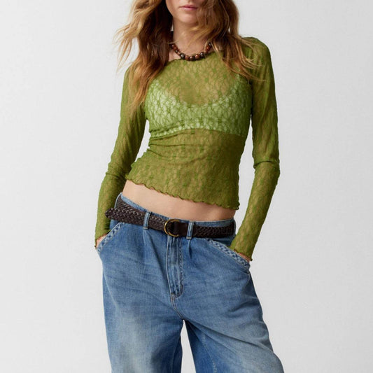 Women's Lace Mesh T-shirt Wavy Top - Velora