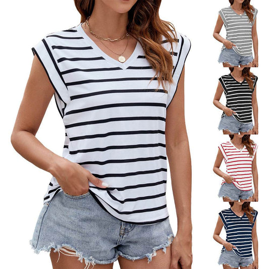 Fashion Stripe Print V-neck Short-sleeved T-Shirt Summer Loose Tank Top Womens Clothing - Velora