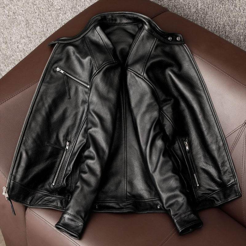 Leather Men's Stand Collar Leather Jacket Coat Youth - Velora