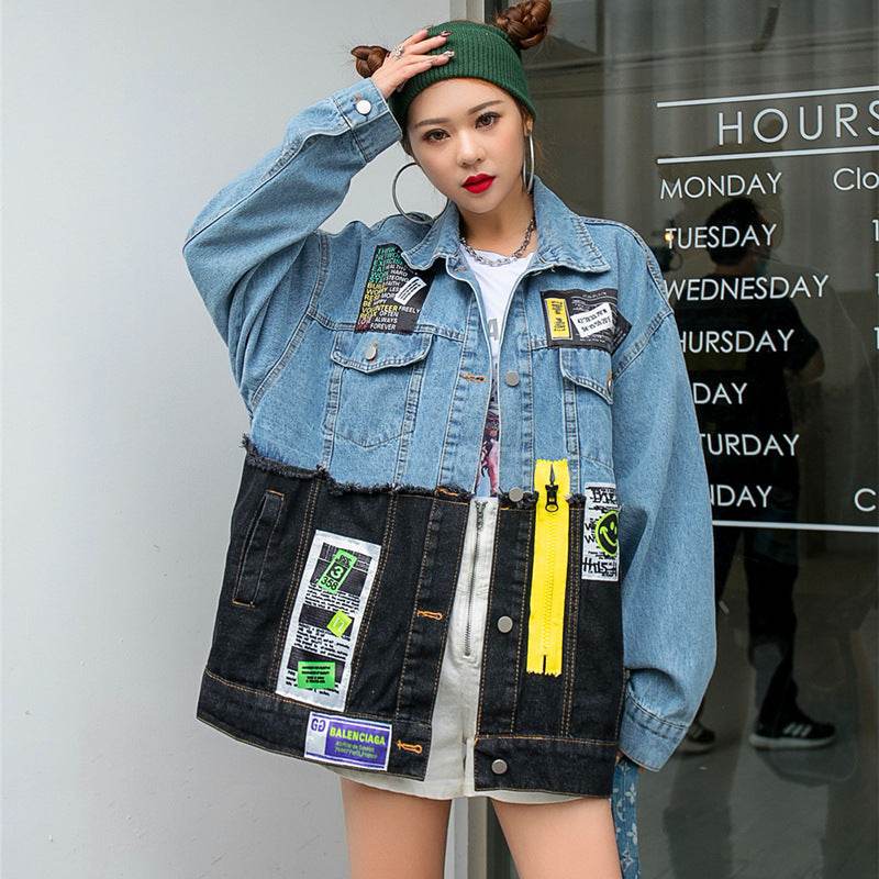 Denim Loose Jacket Women Stylish Graffiti Patch Design