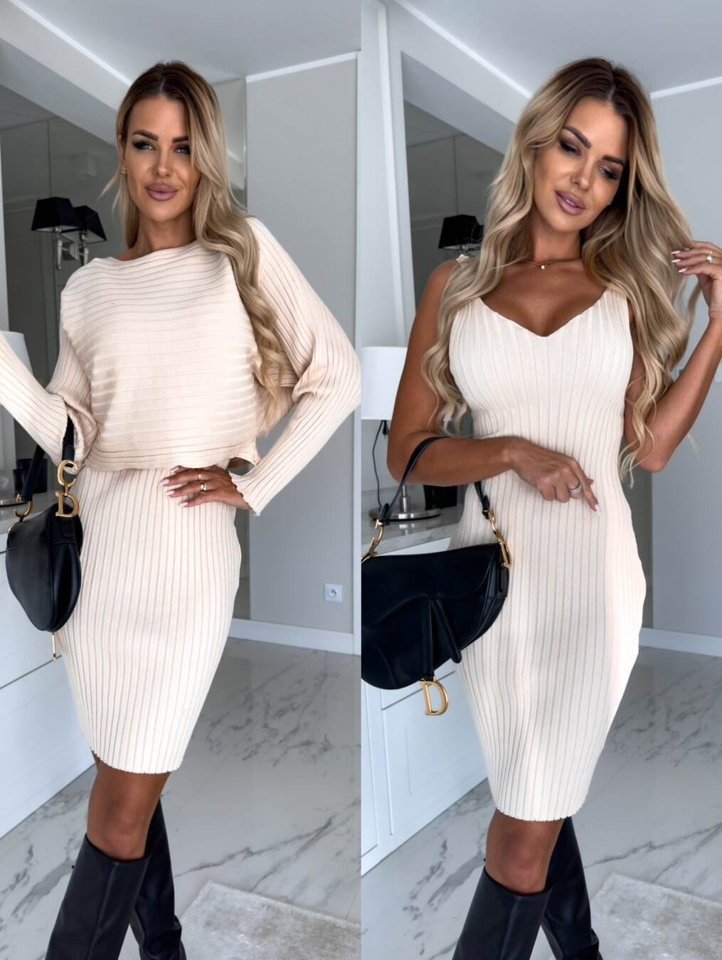 2pcs Suit Women's Solid Stripe Long-sleeved Top And Tight Suspender Skirt Fashion Autumn Winter Slim Clothing - Velora