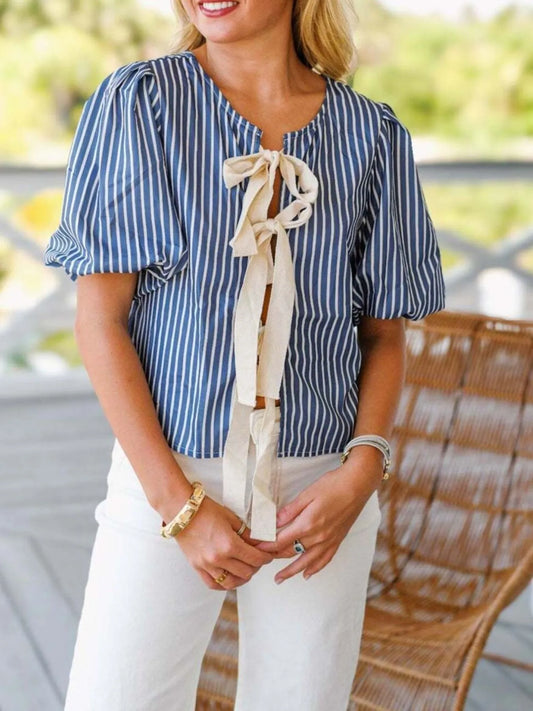 Tie Front Puff Sleeve Striped Blouse - Velora