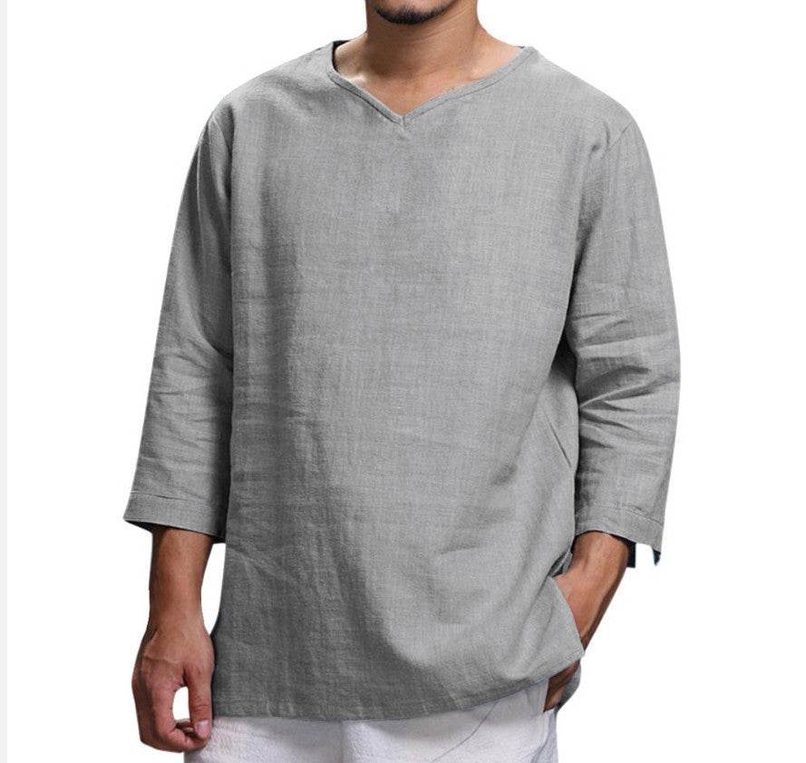 Loose Casual V-neck Top Cotton And Linen Long Sleeve Pullover Shirt Mens Clothing - Velora