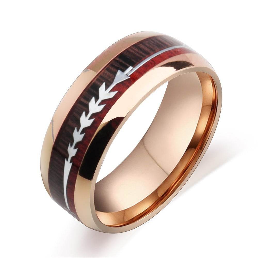 Stainless Steel Wood Grain Arrow Inlaid Ring - Velora