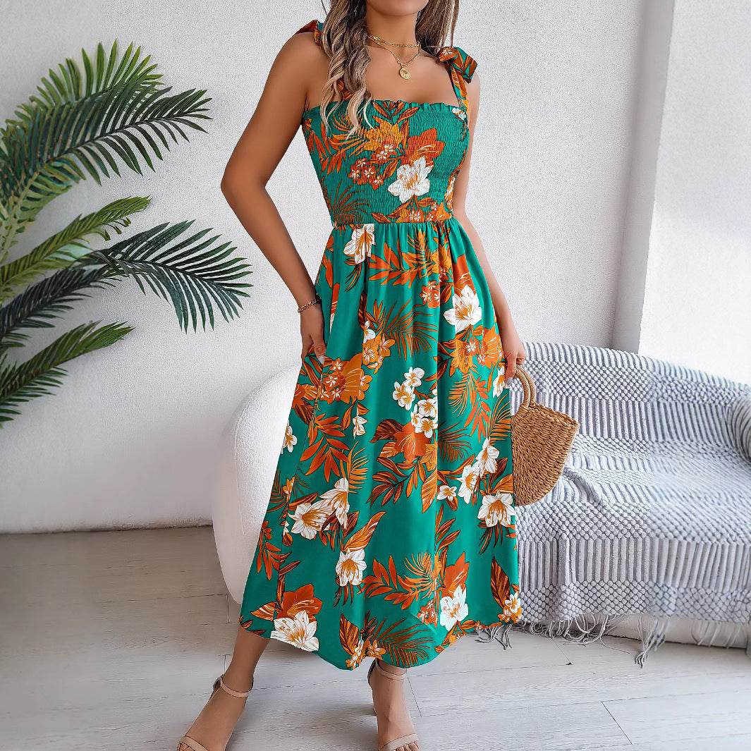 Flowers Print Suspender Corset Dress Ins Fashion Holiday Beach Long Dresses Summer Clothing For Women - Velora