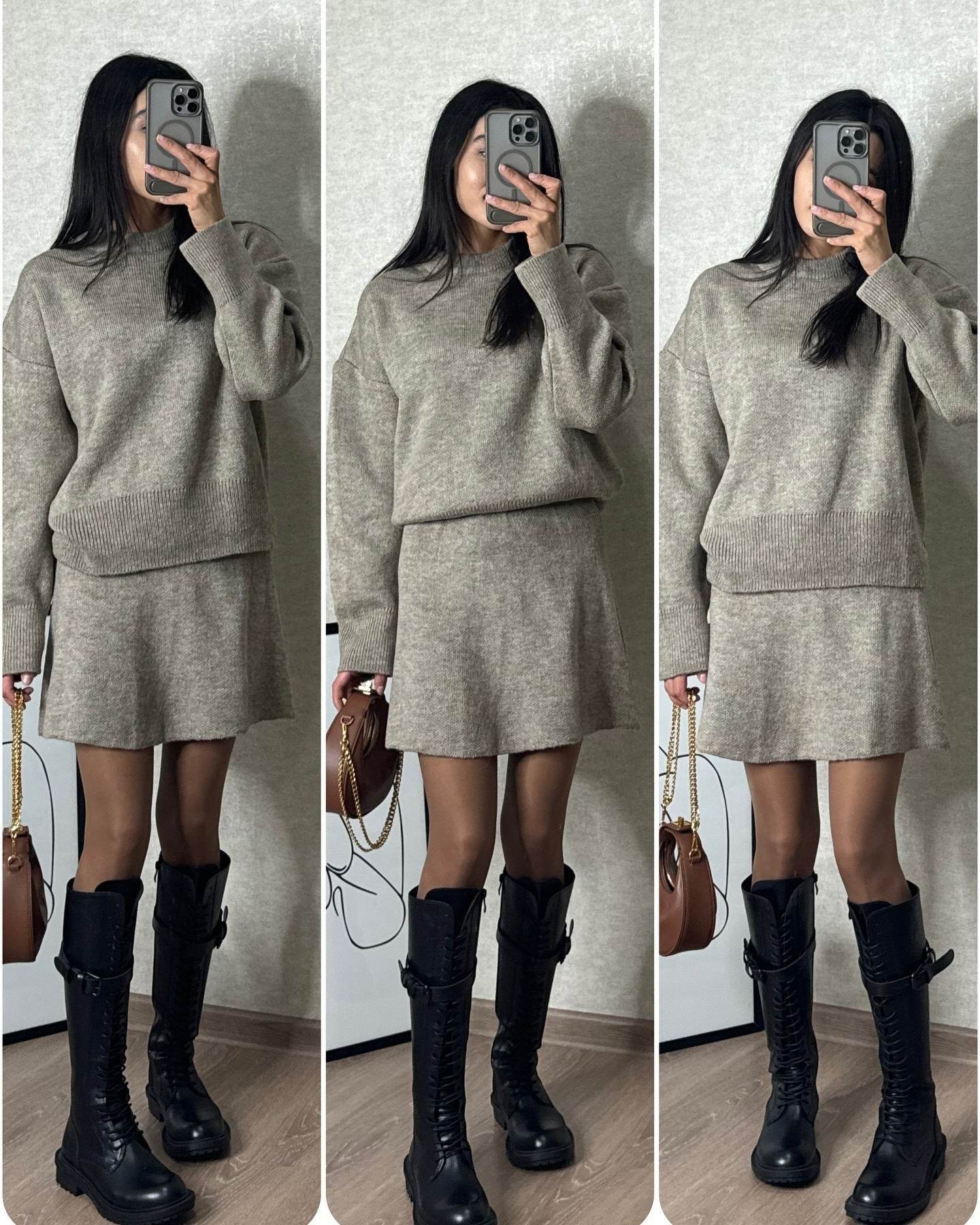Sweater Skirt Sets For Women 2 Pieces Knit Casual Versatile Long Sleeve Pullover Elegant Solid High Waist Mini Skirt Outfit - Velora
