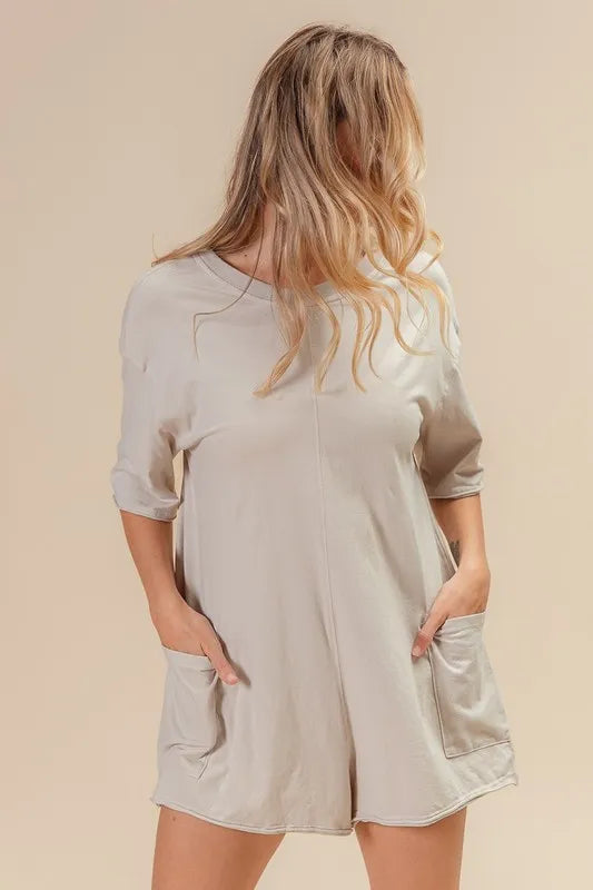BiBi Short Sleeve Back Open Washed Romper - Velora
