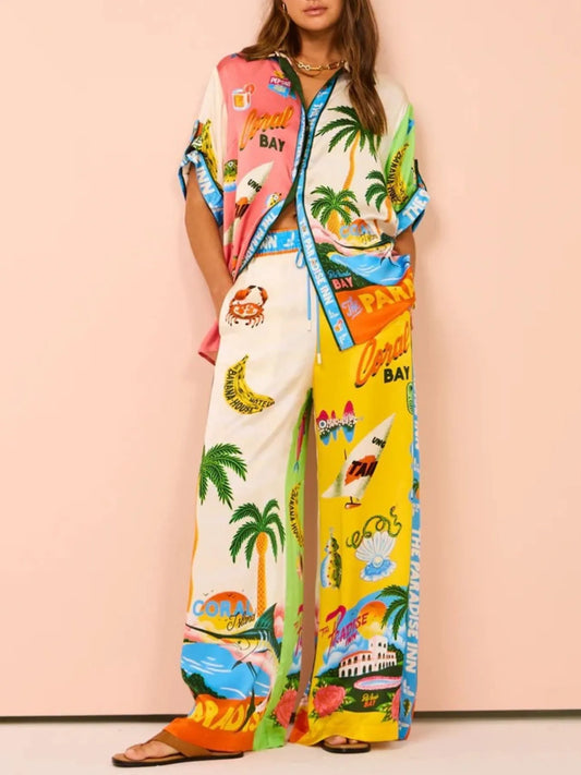 Printed Half Sleeve Shirt and Wide Leg Pants Set - Velora