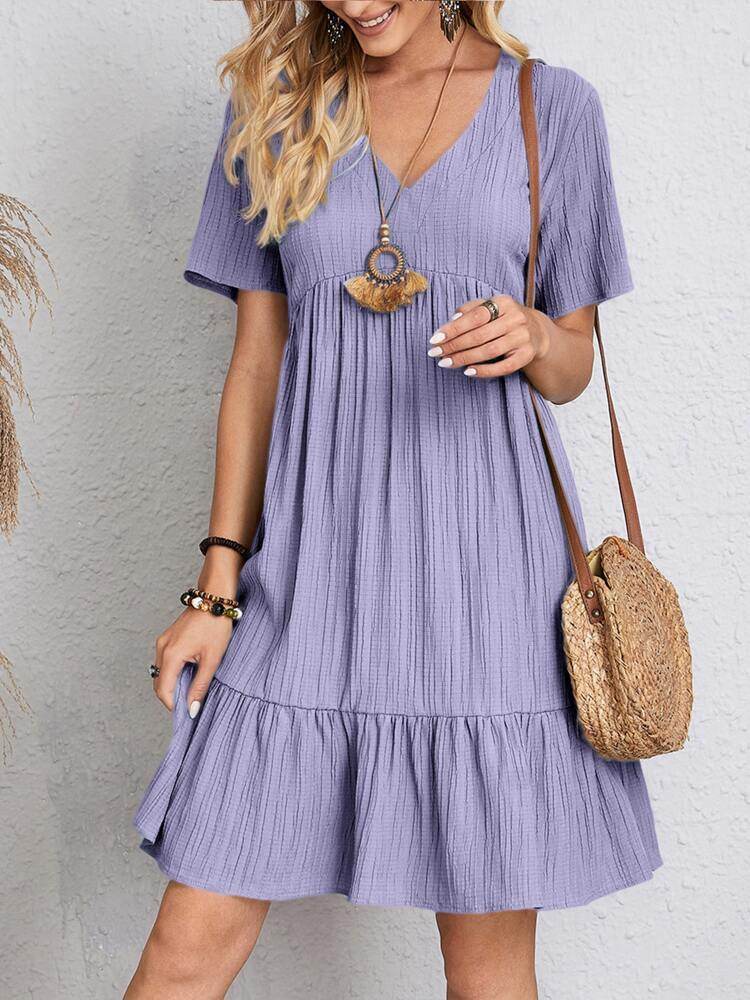 V-neck Short Sleeve Dress Summer Fashion Casual Loose Ruffled Dresses Beach Clothing Women - Velora