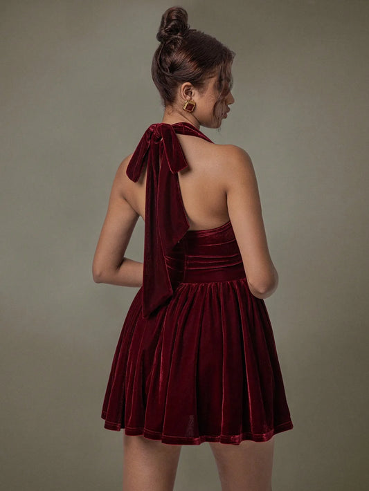 Velvet Halter Skater Dress - Velora