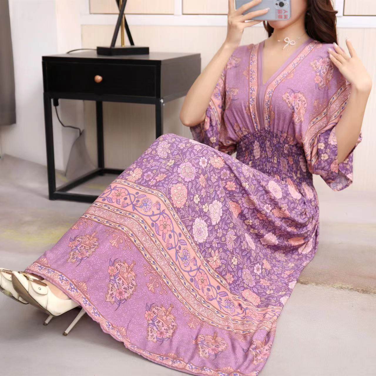 Cotton Silk Floral Dress Women's Summer Ethnic Style V-neck Short Sleeve Pastoral Style Skirt - Velora