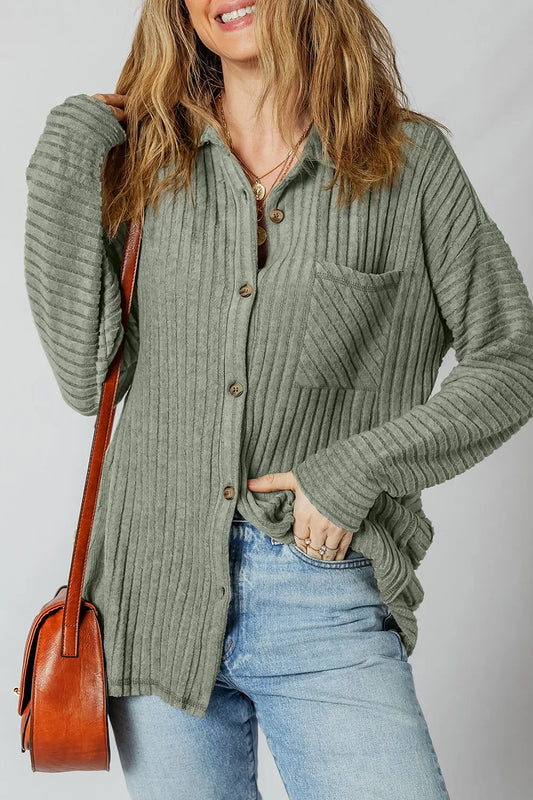 Ribbed Knit Button-Up Cardigan - Velora