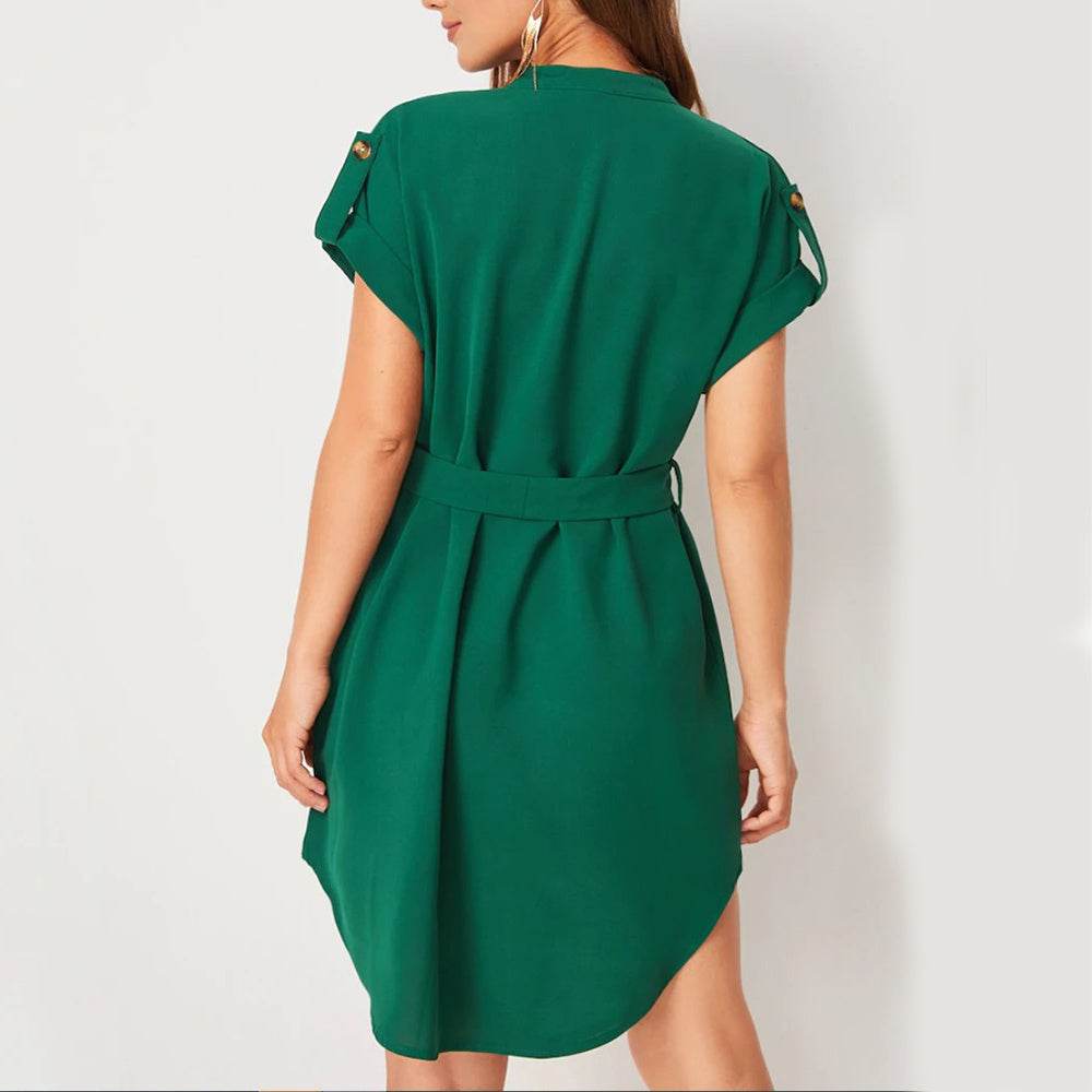 V-neck Short Sleeve Dress With Belt Summer Fashion Bowknot Dresses For Women Clothing - Velora