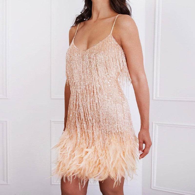 Sexy Tassel Sequins Feather Summer Mini Dress Women V Neck Spaghetti Strap Stitching Dresses Female Elegant Evening Party Club Dress - Velora