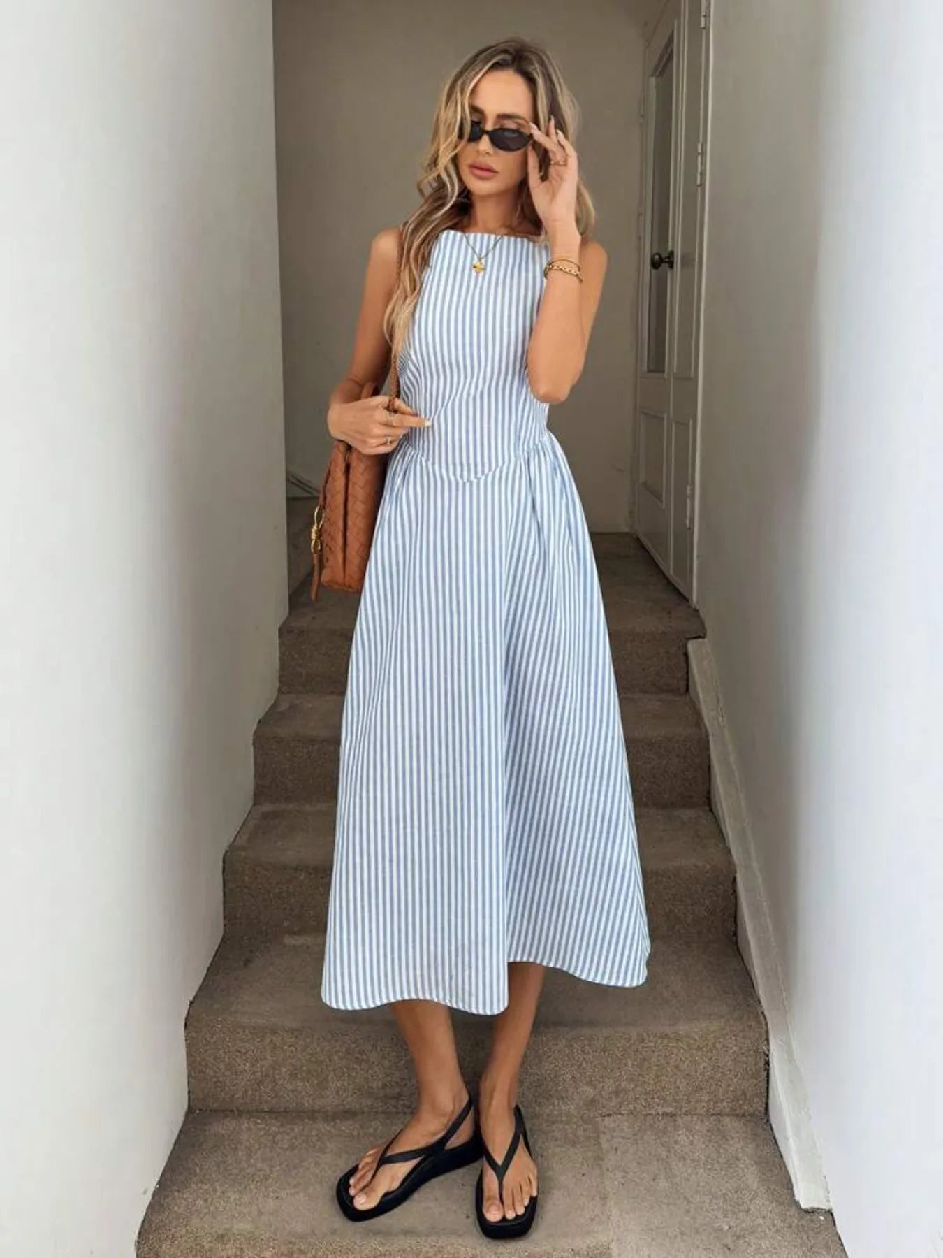 Sleeveless Striped Midi Dress - Velora