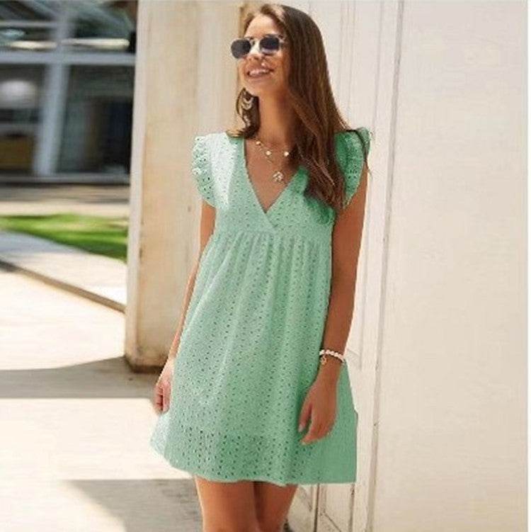 Summer V-neck Cotton Short Skirt Solid Color Dress - Velora