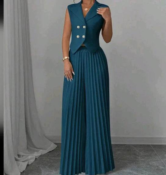 Summer Sleeveless Suit Fashion Lapel Button Vest Top And Pleated Straight Pants Women's Trousers Set Clothing - Velora