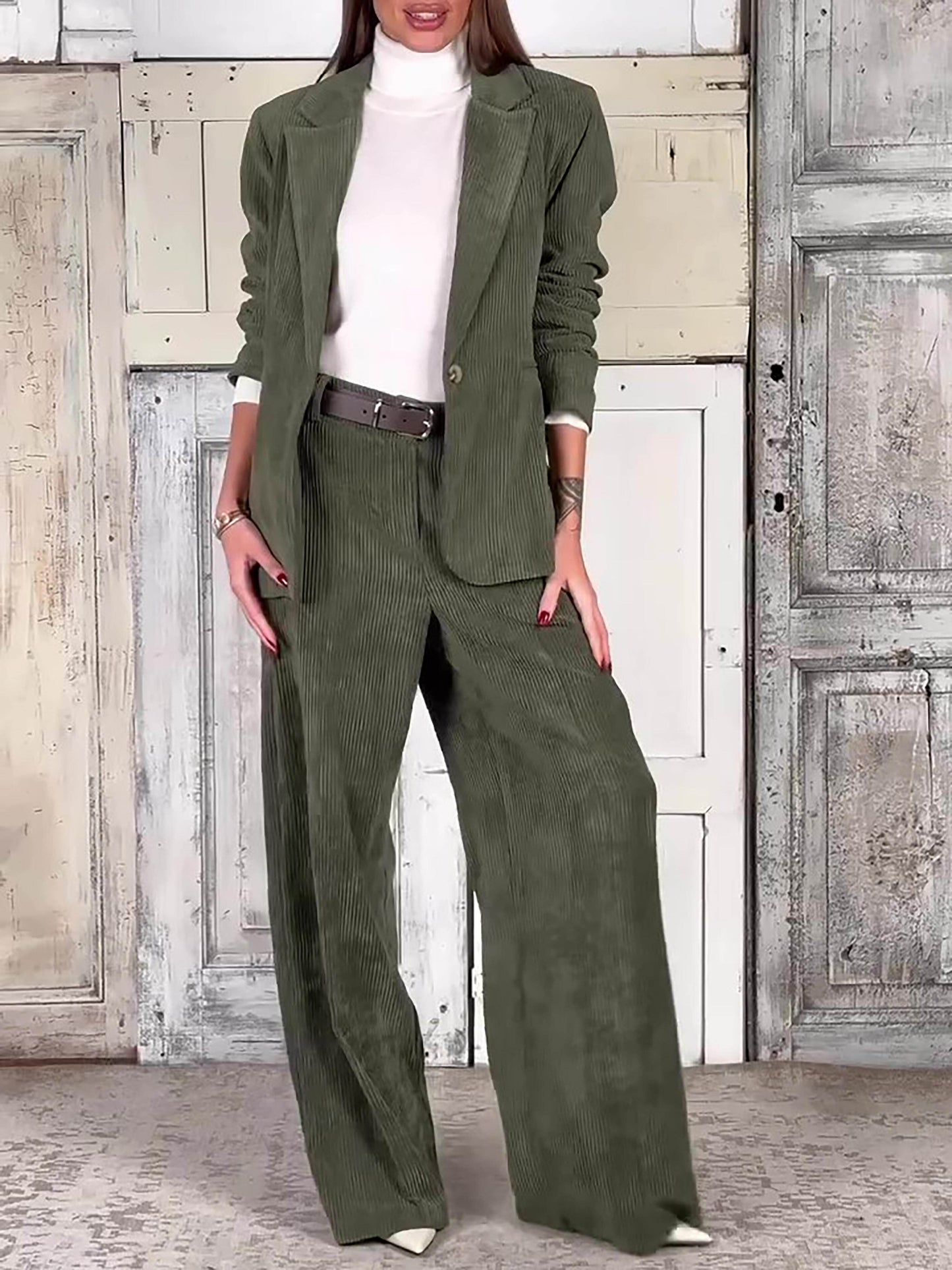 Casual Commuting Corduroy Blazer & Pants Set - Velora