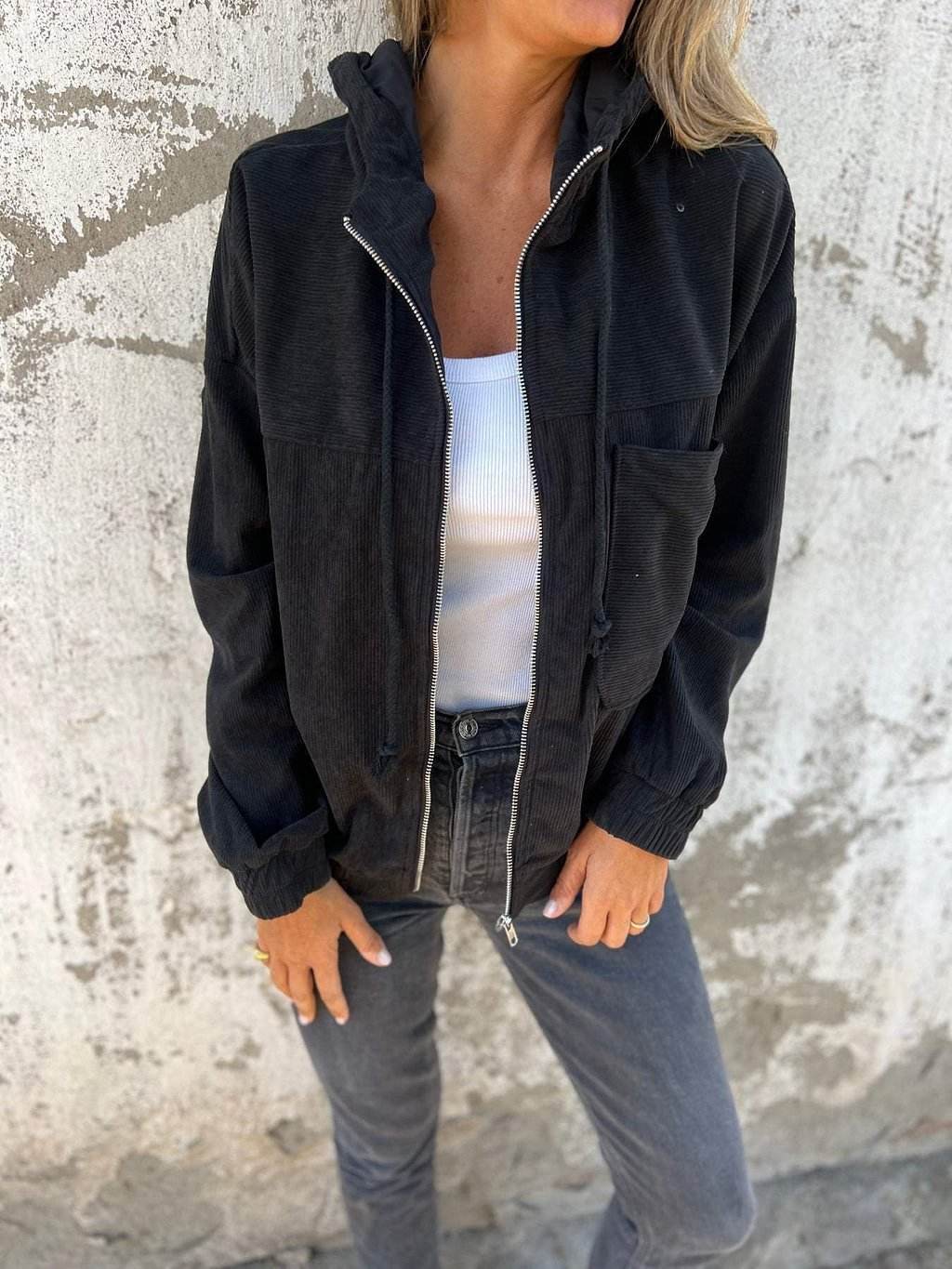 Corduroy Hooded Zip-up Jacket With Pockets Fashion Casual Drawstring Tops Outerwear Women's Clothing - Velora