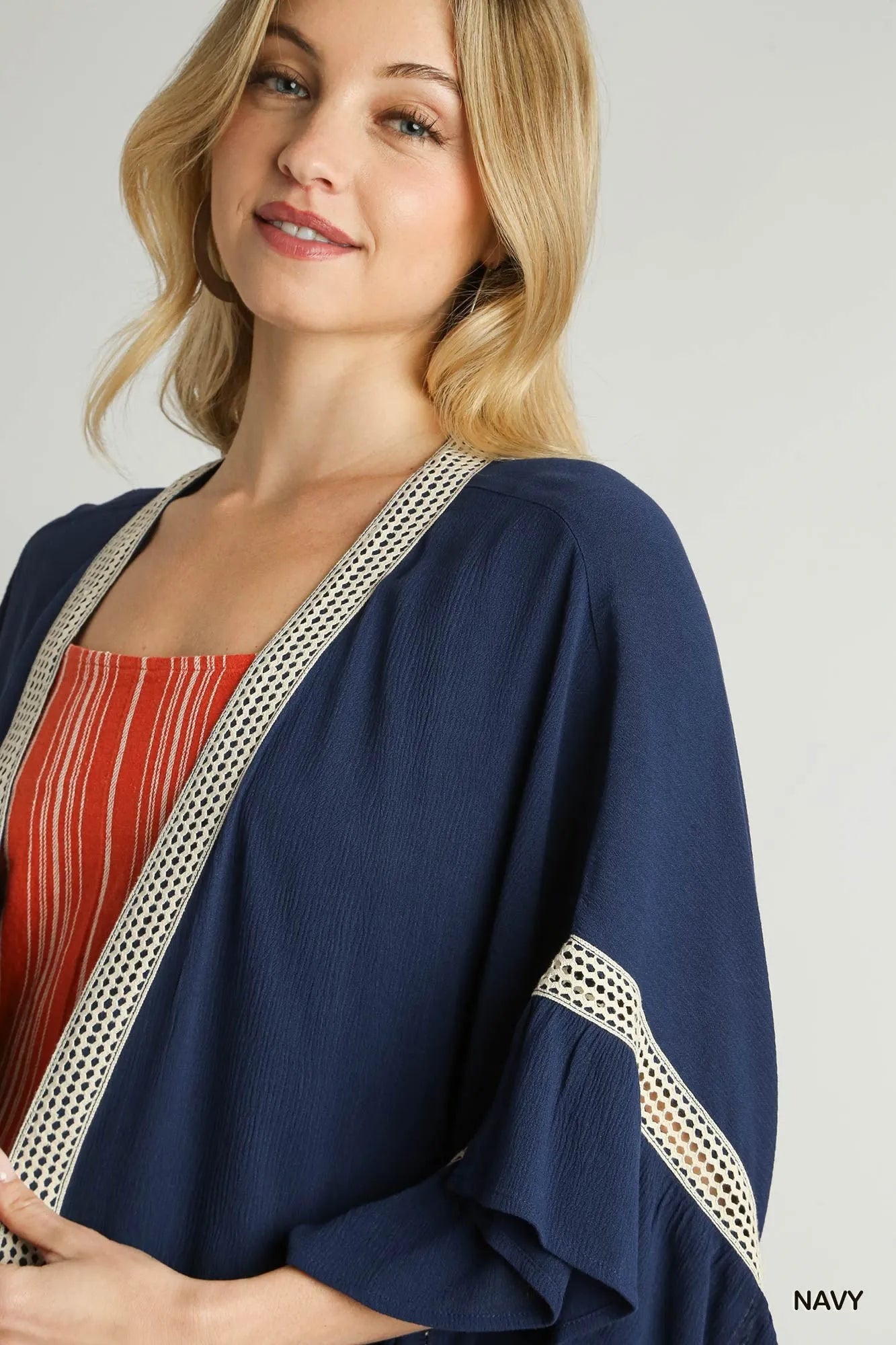 Umgee Ruffle Trim Kimono with Crochet Accent - Velora