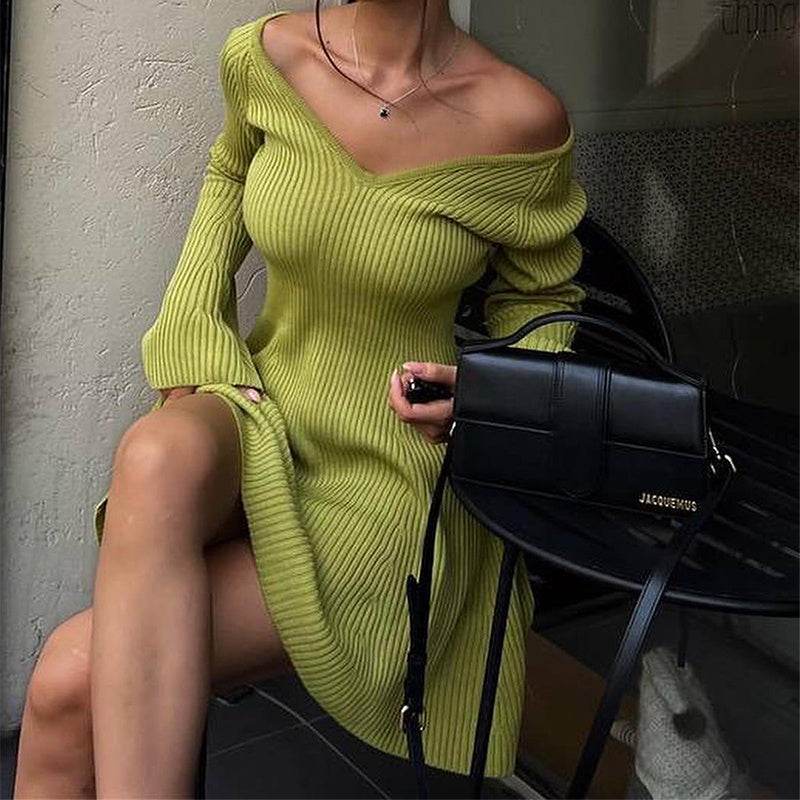 Sexy Slim V-Neck Long Sleeve Knitted Dress Fashion Tight High Elastic Ruffle A-Line Short Dresses Y2K Skirt Womens Clothing - Velora