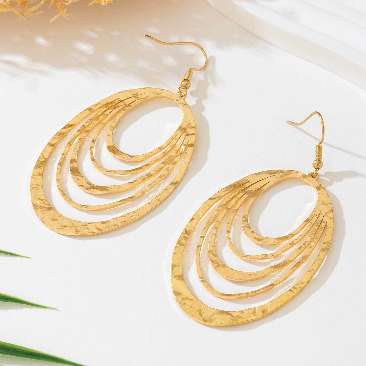 European And American Fashion Elegant 3 Layer Hollow Oval Shaped Big Gold-color Stainless Steel Dangle Drop Earrings - Velora