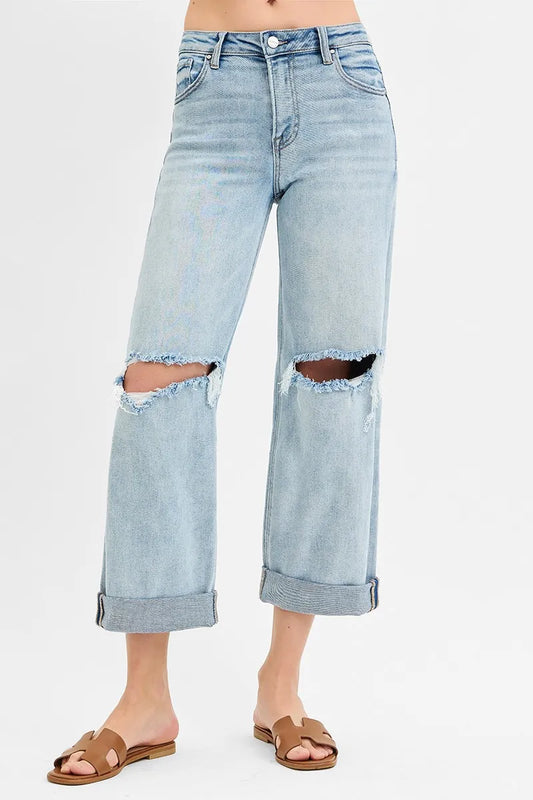 RISEN Full Size Mid Rise Fit Boyfriend Jeans with Cuff Plus Size - Velora