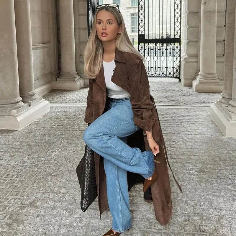 Double Breasted Lapel Shift Coat With Belt Fashion Vintage Suede Long Coat Winter Outwear Women's Clothing - Velora