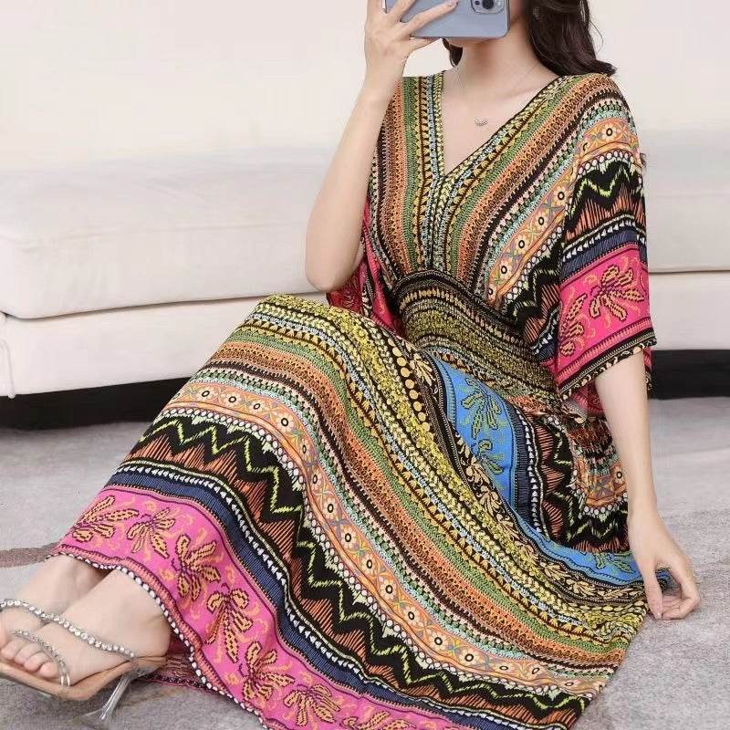 Cotton Silk Floral Dress Women's Summer Ethnic Style V-neck Short Sleeve Pastoral Style Skirt - Velora