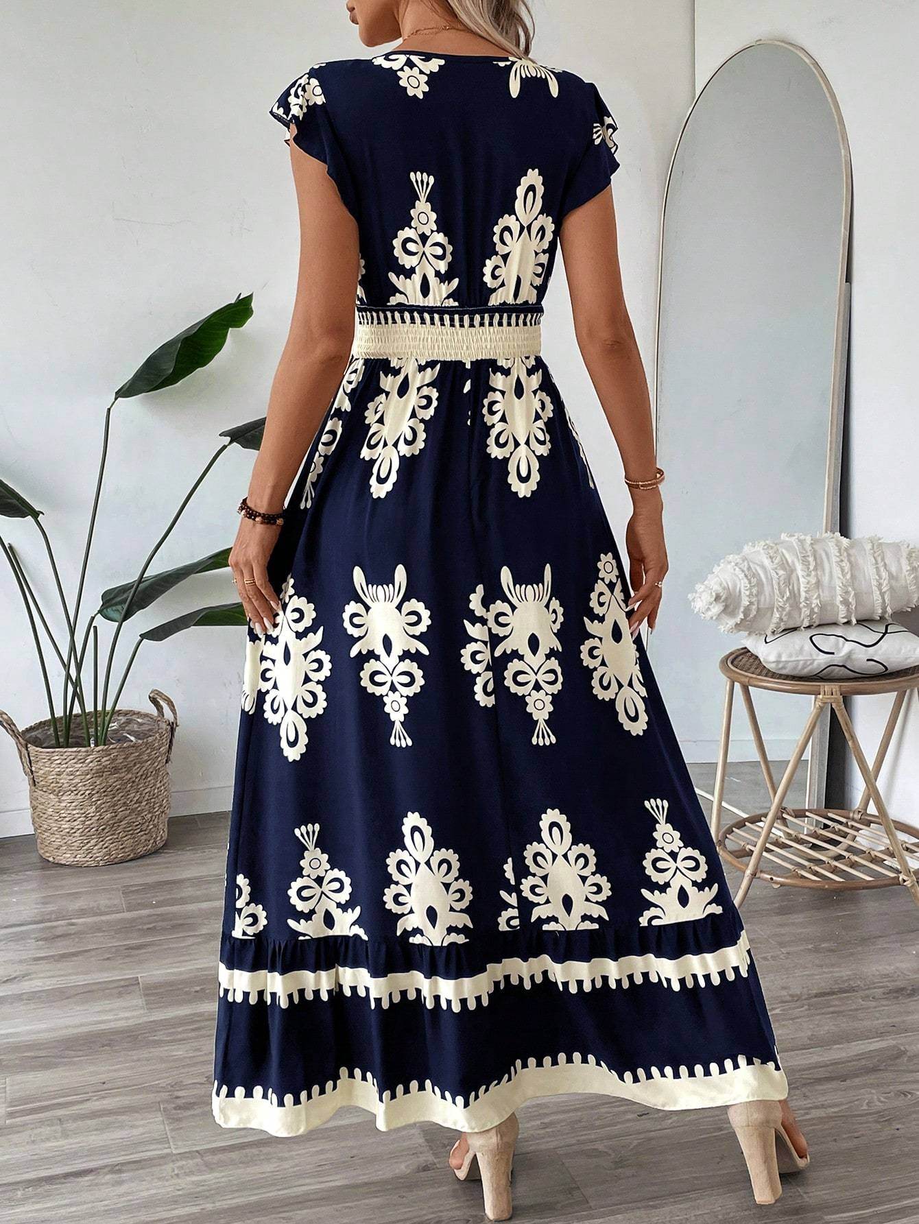 Trim Cap Sleeve Cinched Waist Ruffle Hem A-Line Dress - Velora