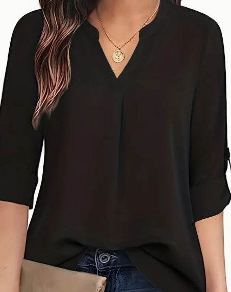 Chic Solid V-Neck Blouse - Fashionable Simplicity For Women - Relaxed Casual Long Sleeve Style - Velora