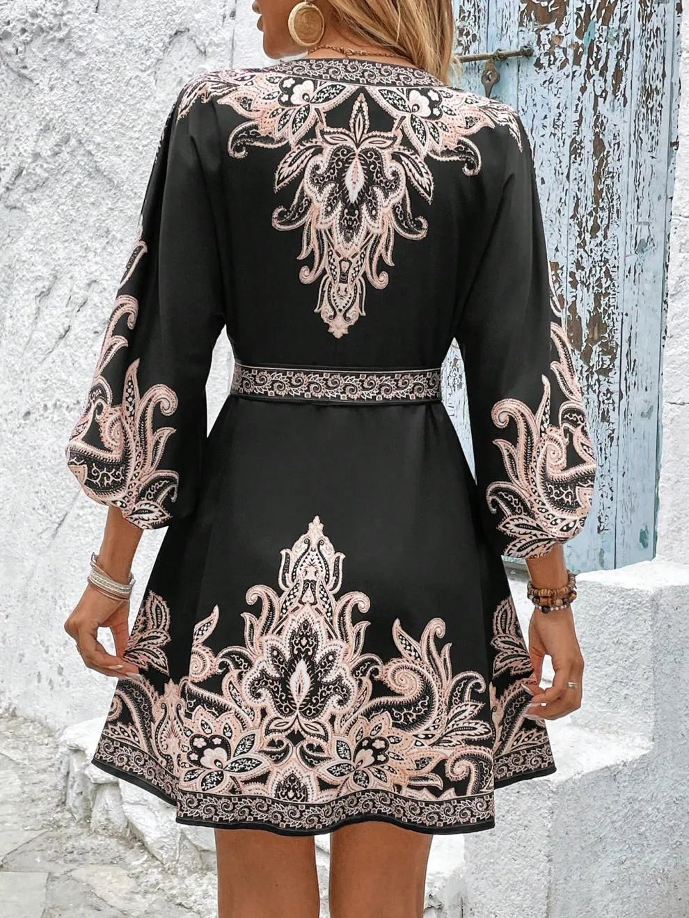 Paisley V-Neck 3/4 Sleeve Mini Dress - Velora