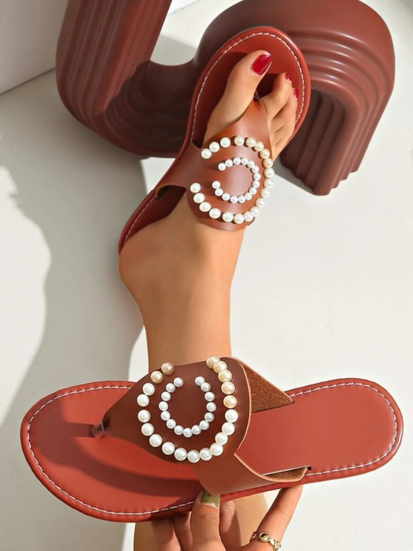 Pearl Embellished Flat Sandals - Velora