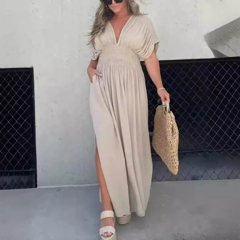 Fashion Bat-sleeved V-neck Slit Dress Summer Short Sleeve Elastic Waist Long Dresses Womens Clothing - Velora
