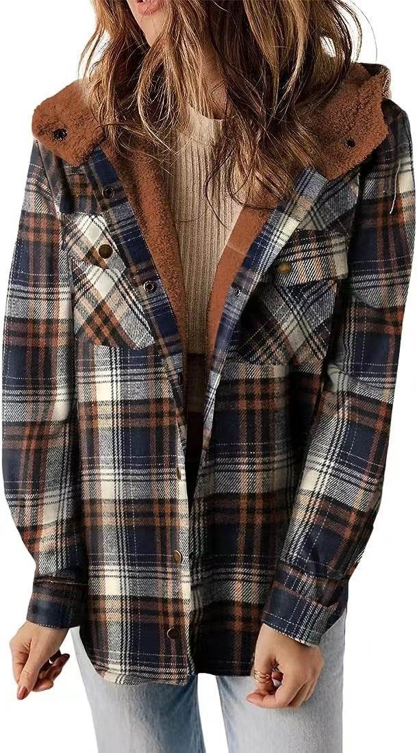 Casual Plaid Hooded Woolen Coat Thickened Fleece-lined Warm Jacket - Velora
