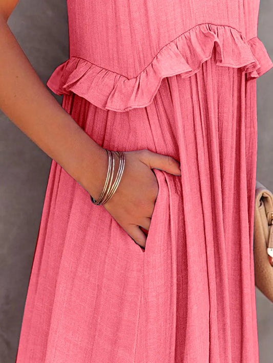 Ruffled Sleeveless Tiered Maxi Dress with Pockets - Velora