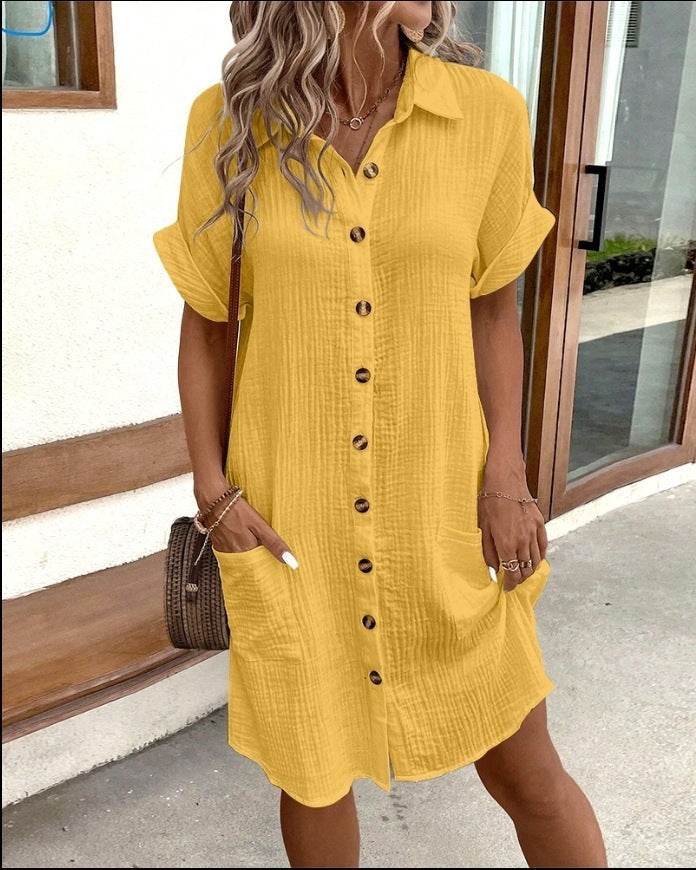 Summer Short Sleeve Shirt Dress Fashion Solid Color Single-breasted Mid-length Loose Dress - Velora