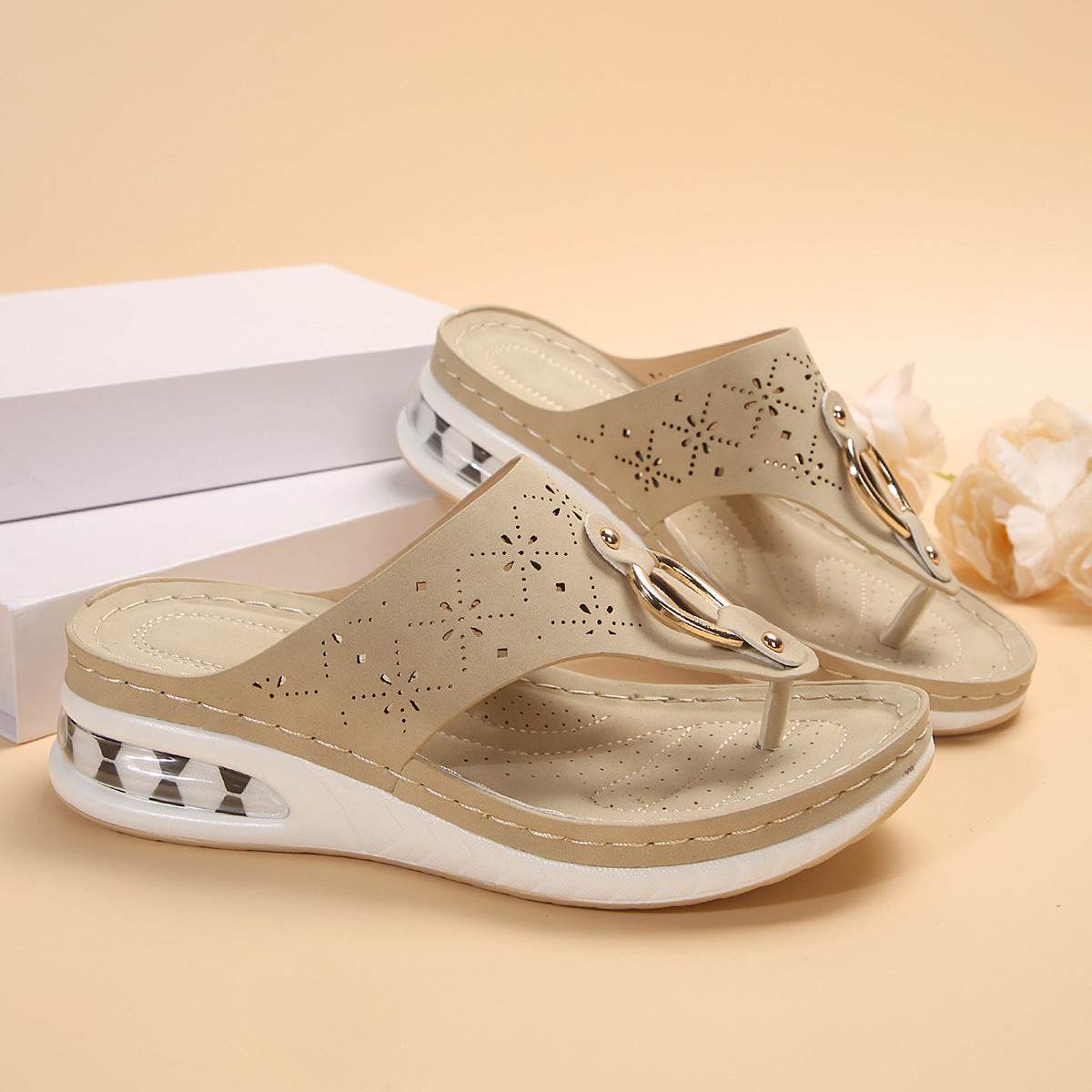 New Air Cushion Thong Sandals Summer Flip Flops Hollow Metal Buckle Wedges Shoes For Women Thick Sole Beach Shoes - Velora