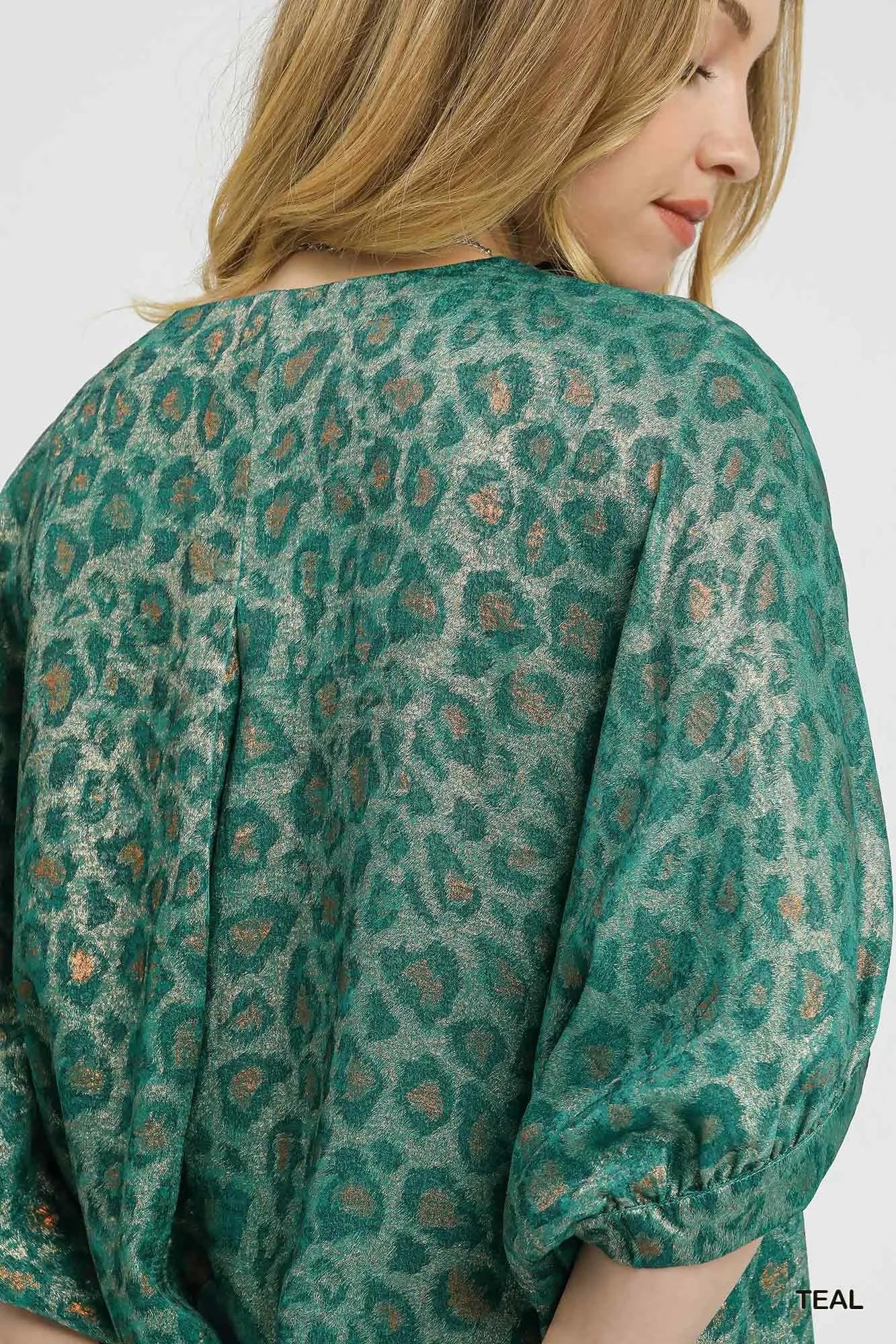 Umgee Metallic Leopard Print V-Neck Kimono Dress - Velora