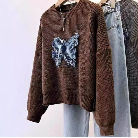 Tassel Denim Pattern Round Neck Sweater Top - Velora