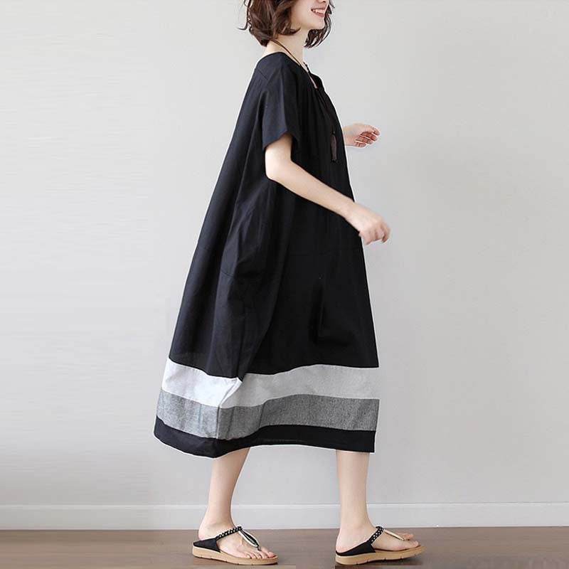 Cotton And Linen Short Sleeve Dress Large Size Women's Mid Length - Velora
