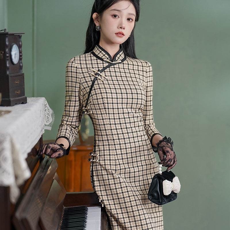 Cheongsam New Rabbit Woolen Improved Plaid Retro Cheongsam - Velora